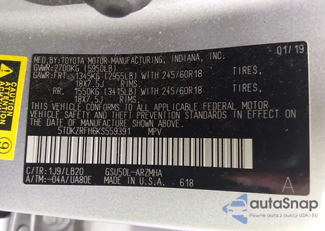 2019 Toyota Highlander Xle из США, поврежденный, VIN 5TDKZRFH6KS559391